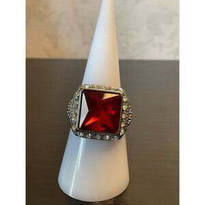 Vintage Red Gemstone Statement Ring With Rhinestones